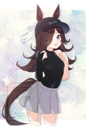  animal_ears baseball_cap black_hat black_shirt blush breasts brown_hair commentary_request ears_through_headwear flipped_hair grey_skirt hair_over_one_eye hat horse_ears horse_girl horse_tail koruri long_hair looking_at_viewer official_alternate_costume rice_shower_(boc'z)_(umamusume) rice_shower_(umamusume) shirt single_bare_arm single_bare_shoulder single_sleeve skirt small_breasts smile solo tail umamusume violet_eyes 