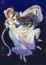  2girls apron bare_shoulders barefoot black_hair blue_dress blue_veil boots brown_hair camellia_(camel_mal) dark_background dress evening_gown eye_contact face-to-face feather_hair_ornament feathers floating from_side gloves hair_ornament hashtag-only_commentary hat highres holding_hands interlocked_fingers isolde_(reverse:1999) isolde_(the_last_fluttering_beat)_(reverse:1999) kakania_(reverse:1999) long_hair looking_at_another multiple_girls official_alternate_costume profile reverse:1999 shawl sleeveless sleeveless_dress two-tone_dress veil very_long_hair white_apron white_boots white_dress white_gloves white_hat white_shawl yuri 