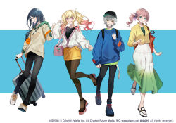  4girls arm_at_side backpack bag baseball_cap black_choker black_hat black_leggings black_pants black_shirt blonde_hair blue_eyes blue_shirt brown_hair choker clenched_hand clenched_teeth drawstring dress full_body gradient_clothes gradient_dress gradient_hair green_eyes grey_hair guest_art hand_up hat hinatsu hinomori_shiho hood hood_down hoodie hoshino_ichika_(project_sekai) layered_clothes leggings leo/need_(project_sekai) long_hair long_sleeves looking_at_viewer mochizuki_honami multicolored_hair multicolored_hoodie multiple_girls official_alternate_costume official_art open_mouth pants pantyhose pink_bag pink_hair project_sekai shirt shoelaces short_hair side_ponytail sidelocks simple_background smile standing standing_on_one_leg star_(symbol) teeth tenma_saki twintails two-tone_hair upper_teeth_only 