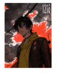  1boy bad_id bad_twitter_id badge black_choker black_hair black_jacket blue_eyes border button_badge choker clouds cloudy_sky commentary_request dark_cloud dated drawstring expressionless floating_clothes from_below green_eyes hair_between_eyes hatching_(texture) heterochromia hood hood_down hoodie hypnosis_mic jacket jacket_over_hoodie linear_hatching looking_ahead looking_at_viewer mole mole_under_eye mole_under_mouth multiple_moles n_uu_nn open_clothes open_jacket outdoors parted_lips power_lines red_sky sky solo upper_body white_border wispy_bangs yamada_saburo yellow_hoodie zipper zipper_pull_tab 
