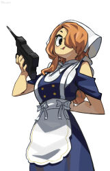  1girl :3 :p apron arm_behind_back bare_arms bare_shoulders black_eyes blue_dress bow bow_apron breasts brown_hair buttons closed_mouth commander_(maid)_(tower_defense_simulator) commander_(tower_defense_simulator) commentary cowgirl_position double-breasted dress english_commentary frilled_apron frills from_below from_side genderswap genderswap_(mtf) gold_buttons hair_over_one_eye hand_up headscarf highres holding holding_walkie-talkie light_blush long_dress long_hair maid_apron medium_breasts mr_plagu3 nail_polish no_pupils one_eye_covered roblox shirt short_sleeves simple_background single_sidelock sleeveless sleeveless_shirt sleeveless_turtleneck smile solo standing straddling tareme tongue tongue_out tower_defense_simulator turtleneck turtleneck_shirt twitter_username waist_apron walkie-talkie white_apron white_background white_bow white_headscarf white_nails white_shirt 