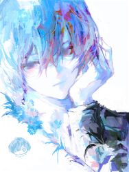  1boy closed_mouth commentary double-parted_bangs gou_tou21081 hair_between_eyes hand_on_own_face highres long_sleeves looking_to_the_side male_focus persona persona_3 sideways_glance simple_background solo untranslatable_commentary white_background yuuki_makoto_(persona_3) 