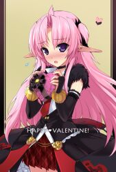  1girl black_bridal_gauntlets black_choker black_coat black_ribbon blush box bridal_gauntlets choker coat collared_shirt cowboy_shot curtained_hair flying_sweatdrops hands_up happy_valentine heart heart-shaped_box holding holding_box liliam_mcbarn long_hair looking_at_viewer necktie official_art onigirikun open_mouth pastel_chime pastel_chime_3 pink_hair plaid_clothes plaid_skirt pleated_skirt pointy_ears red_necktie red_skirt ribbon shirt skirt solo two_side_up valentine violet_eyes white_shirt 