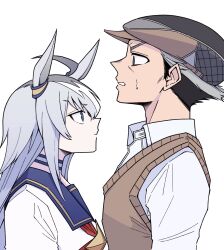  1girl animal_ears commentary_request grey_hair hair_ornament hat highres horse_ears horse_girl kitahara_jou long_hair newsboy_cap oguri_cap_(starlight_beat)_(umamusume) oguri_cap_(umamusume) sweater_vest trainer_(umamusume) umamusume umamusume:_cinderella_gray uz_trpg_414 white_background 