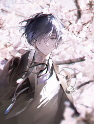  1boy absurdres black_jacket black_ribbon blue_eyes blue_hair cherry_blossoms expressionless flower gekkoukan_high_school_uniform hair_over_one_eye hashtag-only_commentary headphones highres jacket long_sleeves mp3_player neck_ribbon outdoors persona persona_3 petals pink_flower pink_petals ribbon school_uniform shirt solo white_shirt yuno_11_02 yuuki_makoto_(persona_3) 
