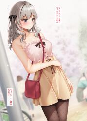  1girl arm_at_side armpit_crease bag bare_arms black_bow blurry blurry_background blush bow brown_pantyhose brown_skirt closed_mouth collarbone commentary_request day depth_of_field frilled_shirt frills grey_eyes grey_hair hair_bow hand_on_own_stomach handbag highres large_variant_set looking_down minato_ojitan original outdoors pantyhose pink_shirt raised_inner_eyebrows shirt shirt_bow skirt sleeveless sleeveless_shirt solo translation_request variant_set wavy_hair 