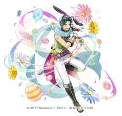  1boy animal_ears belt black_boots black_hairband black_pants black_shirt blue_scarf boots carrot commentary_request dagger easter_egg egg fake_animal_ears fighting_stance fingerless_gloves fire_emblem fire_emblem:_path_of_radiance fire_emblem:_radiant_dawn fire_emblem_heroes flower gloves green_hair green_jacket green_vest hairband holding holding_dagger holding_knife holding_weapon jacket knife male_focus official_alternate_costume official_art open_mouth pants rabbit_ears scarf shirt simple_background sleeveless solo sothe_(fire_emblem) sothe_(in_the_breeze)_(fire_emblem) tsunakawa vest weapon white_gloves yellow_eyes 