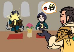  1girl 2boys apple apple_juice brown_hair claude_von_riegan claude_von_riegan_(timeskip) commentary cup dimitri_alexandre_blaiddyd dimitri_alexandre_blaiddyd_(timeskip) felix_hugo_fraldarius felix_hugo_fraldarius_(timeskip) fire_emblem fire_emblem:_three_houses food fruit gloves holding holding_cup juice kita_senri multiple_boys shamir_nevrand short_hair spoken_character spoken_food table untranslatable_commentary 