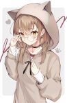  1girl adjusting_eyewear animal_hood berry black_choker brown_eyes brown_hair brown_hoodie choker earrings ears_through_headwear food-themed_earrings glasses heart highres hololive hololive_english hood hood_up hoodie jewelry long_hair looking_at_viewer multicolored_hair nanashi_mumei necklace noroi_03 official_alternate_costume oversized_clothes paw_print red_shirt round_eyewear runes shirt simple_background sleeves_past_wrists streaked_hair sweater virtual_youtuber white_sweater 