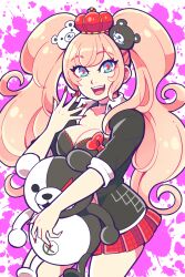  1girl bear_hair_ornament blonde_hair blood blue_eyes breasts danganronpa_(series) hair_ornament highres jenjenrose-artist junko_(blue_archive) large_breasts monokuma pink_blood red_nails red_pupils red_skirt skirt stuffed_animal stuffed_toy teddy_bear twintails 