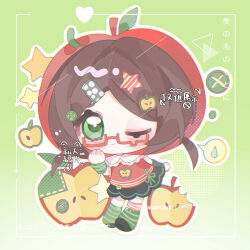  1girl ;< apple arm_warmers black_shoes black_skirt blush brown_hair chibi chibi_only closed_mouth food food-themed_hat fruit full_body gradient_background green_arm_warmers green_background green_eyes green_socks hand_up hat highres one_eye_closed original outline parted_bangs red_hat red_shirt shirt shoes short_hair skirt sleeveless sleeveless_shirt socks solo standing striped_arm_warmers striped_clothes striped_socks watermark white_outline yikemaohetao 