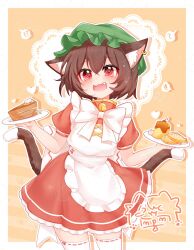  1girl ? @_@ animal_ear_fluff animal_ear_piercing animal_ears apron artist_request back_bow bell blush border bow bowtie brown_hair cake cake_slice cat_ears cat_girl cat_tail chen commentary_request cowboy_shot dress enmaided fang fish_(food) food frilled_apron frilled_dress frills green_hat hair_between_eyes hands_up hat heart highres holding holding_plate looking_at_viewer maid maid_apron mob_cap multiple_tails neck_bell open_mouth outline plate pudding puffy_short_sleeves puffy_sleeves red_dress red_eyes ribbon-trimmed_thighhighs ribbon_trim short_hair short_sleeves solo standing sweatdrop tail thigh-highs touhou two_tails watermark white_apron white_border white_bow white_bowtie white_outline white_thighhighs 