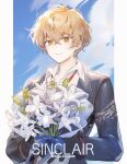  1boy black_gloves blonde_hair blue_sky bouquet character_name closed_mouth collared_shirt commentary_request flower gloves grey_jacket hair_between_eyes holding holding_bouquet jacket korean_commentary limbus_company long_sleeves male_focus necktie open_clothes open_jacket otaku_doomster project_moon red_necktie shirt short_hair sinclair_(limbus_company) sky smile solo twitter_username upper_body white_flower white_shirt yellow_eyes 