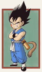  1boy aged_down alternate_universe commentary_request cosplay crossed_arms dragon_ball dragon_ball_(classic) dragon_ball_z evil_grin evil_smile full_body furrowed_brow grin highres lee_(dragon_garou) male_focus monkey_tail official_style ruyi_jingu_bang smile solo son_goku son_goku_(cosplay) tail toriyama_akira_(style) vegeta wristband 