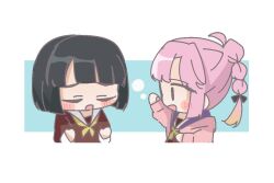  2girls ahoge anyoji_hime black_hair black_ribbon blonde_hair blue_background blunt_bangs blunt_ends blush bob_cut border brown_dress chibi chibi_only closed_eyes commentary dress gradient_hair hair_ribbon hasu_no_sora_school_uniform hood hooded_jacket jacket link!_like!_love_live! long_sleeves looking_at_another love_live! mihasu_ll momose_ginko multi-tied_hair multicolored_hair multiple_girls neckerchief open_clothes open_jacket open_mouth outside_border pink_hair pink_jacket ponytail raised_inner_eyebrows ribbon sailor_collar sailor_dress school_uniform short_hair simple_background smile untranslatable_commentary virtual_youtuber white_border white_sailor_collar winter_uniform yellow_neckerchief 