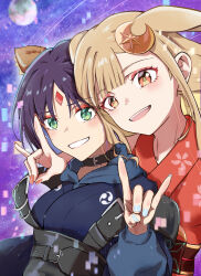  2girls absurdres animal_ears black_choker blonde_hair blue_hoodie blue_kimono blue_nails chinese_commentary cho_kaguya-hime! choker clenched_teeth colored_inner_hair commentary_request fox_ears fox_girl fox_shadow_puppet full_moon highres hood hood_down hoodie japanese_clothes kaguya_(cho_kaguya-hime!) kimono kuroi_f long_hair medium_hair moon multicolored_hair multiple_girls nail_polish open_mouth rabbit_ears rabbit_girl red_kimono red_nails sakayori_iroha sidelocks teeth upper_teeth_only 