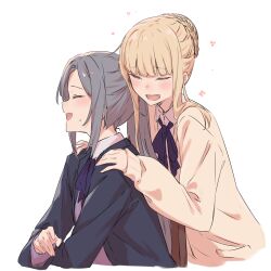  2girls absurdres black_jacket blonde_hair blue_bow blue_bowtie blush bow bowtie brown_cardigan cardigan closed_eyes commentary_request d4dj fukushima_noa grey_hair highres jacket kanade_(kanade_3344) long_hair multiple_girls niijima_ibuki open_mouth ponytail purple_sweater shirt sidelocks simple_background sweater teeth upper_teeth_only white_background white_shirt 