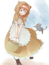  1girl animal_hood apron basket blue_background blue_eyes blush boots bra brown_boots brown_bra brown_dress brown_hair brown_hood cat cat_hood commentary_request cowlick double-parted_bangs dress frilled_dress frills full_body gradient_background hair_between_eyes highres hood hooded_dress long_hair open_mouth original pa._(tatuya28001) puffy_short_sleeves puffy_sleeves short_sleeves sidelocks solo underwear white_apron white_background 