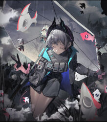  1girl absurdres arknights bird_girl black_coat black_shorts closed_eyes coat commentary dark-skinned_female dark_skin fish flower gloves grey_hair head_wings highres holding holding_umbrella loftcat mechanical_arms multicolored_gloves open_clothes open_coat raidian's_summons_(arknights) raidian_(arknights) short_hair shorts sidelocks solo two-tone_gloves umbrella untranslatable_commentary wings 
