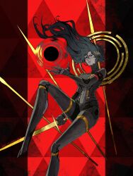  1girl android black_hair blue_eyes dated distortion facial_mark falke_(signalis) floating_hair foot_out_of_frame forehead_mark fune_(nkjrs12) halo halo_behind_head highres holding holding_sword holding_weapon long_hair looking_at_viewer metal_skin polearm red_background serious signalis signature solo spear sword weapon 