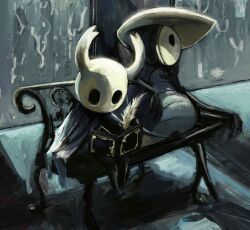  1boy 1other anelfchay arthropod_boy black_eyes commentary english_commentary holding holding_notebook holding_quill hollow_eyes hollow_knight horns knight_(hollow_knight) notebook on_bench quill quirrel rain sitting window 
