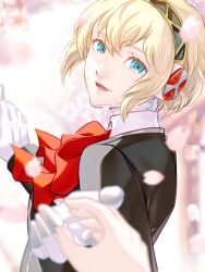  1girl absurdres aigis_(persona) android black_necktie blonde_hair blue_eyes blue_sky bow cherry_blossoms crying crying_with_eyes_open falling_petals gekkoukan_high_school_uniform gold_hairband hair_ornament hairband highres looking_at_viewer looking_back necktie persona persona_3 petals pointing pointing_forward red_bow robot_ears robot_girl s.e.e.s school_uniform sky smile tears wanderstillart yuuki_makoto_(persona_3) 