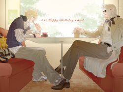  2boys alternate_costume belt black_belt blonde_hair blue_shirt brown_shoes cake character_name chocobo cloud_strife coat collared_shirt crossed_legs cup dated eating final_fantasy final_fantasy_vii food footsies full_body grey_bag grey_coat grey_hair grey_pants hair_between_eyes hand_in_pocket happy_birthday headphones headphones_around_neck highres holding holding_cup huaihecc indoors long_hair male_focus multiple_boys neckerchief pants parted_lips print_neckerchief restaurant sephiroth shirt shirt_under_shirt shoes short_hair sneakers spiky_hair striped_clothes striped_shirt stuffed_animal stuffed_bird stuffed_toy sunglasses table utensil_in_mouth white_shirt window 