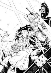  1boy 1girl absurdres aerith_gainsborough arm_behind_head armor artist_name baggy_pants bangle basket belt boots bracelet braid braided_ponytail breasts buster_sword buttons choker closed_mouth cloud_strife cropped_jacket dress earrings final_fantasy final_fantasy_vii final_fantasy_vii_remake flower flower_basket flower_choker full_body furrowed_brow greyscale hair_ribbon hair_tie high_contrast highres holding holding_basket holding_sword holding_weapon jewelry kriswantowhy lily_(flower) long_dress long_hair lunging medium_breasts monochrome multiple_belts pants parted_bangs parted_lips pauldrons ribbed_shirt ribbon ringlets searchlight sharp_teeth shinra_electric_power_company shirt short_hair shoulder_armor sidelocks single_braid single_earring single_pauldron sitting sleeveless sleeveless_turtleneck suspenders sword sword_on_back teeth toned toned_male tower turtleneck weapon weapon_on_back 