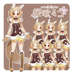  1girl :d :o ;< animal_ear_fluff animal_ears blush boots border brown_background brown_boots brown_gloves brown_hair brown_shirt character_name closed_eyes closed_mouth commentary_request empty_eyes fang full_body fur-trimmed_gloves fur_trim gloves knee_boots lace-up_boots long_hair multiple_expressions multiple_views o_o official_art one_eye_closed open_mouth ouka_miko outline outside_border red_eyes second-party_source shirt shorts skin_fang sleeveless sleeveless_shirt smile standing tail voicevox white_border white_outline wolf_ears wolf_girl wolf_tail yareru_babaa yellow_shorts 