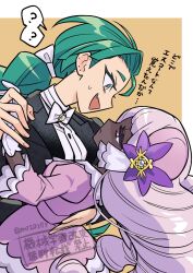  2girls 3737-3737 ? adapted_costume arm_around_back belt black_jacket border bow bowtie braid braided_ponytail brooch brown_background closed_mouth collar commentary_request crossdressing crossdressing_(ftm) curtained_hair dress ear_piercing fang floating_hair flower frilled_dress frills from_side gloves green_hair grey_eyes hair_bow hair_flower hair_ornament half-closed_eye hat highres holding_hands jacinthe_(pokemon) jacket jewelry lebanne_(pokemon) light_frown long_hair long_sleeves multiple_girls open_mouth orange_eyes piercing pokemon pokemon_legends:_z-a purple_belt purple_dress purple_flower purple_hair purple_hat shirt simple_background smile speech_bubble spoken_question_mark standing_over translation_request twitter_username upper_body watermark white_border white_bow white_bowtie white_collar white_gloves white_shirt yuri 