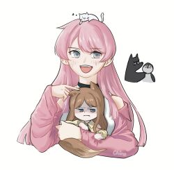  2girls absurdres animal_ears animalization bang_dream! bang_dream!_it's_mygo!!!!! bird blue_eyes blush brown_hair cat chihaya_anon chiino_exe chinese_commentary commentary_request fox_ears fox_girl fox_tail grey_eyes highres jacket kaname_raana kemonomimi_mode long_hair multiple_girls mygo!!!!!_(bang_dream!) nagasaki_soyo open_mouth partial_commentary penguin pink_hair pink_jacket raana_the_cat shiina_taki tail takamatsu_tomori tank_top teeth upper_teeth_only white_tank_top wolf 