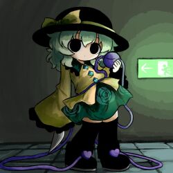  1girl black_boots black_eyes black_hat boots bow buttons deformed diamond_button empty_eyes exit_sign eyeball floral_print frilled_shirt_collar frilled_sleeves frills full_body green_hair green_skirt hat hat_bow heripantomorrow holding holding_knife knife komeiji_koishi long_sleeves looking_at_viewer print_skirt rose_print shirt skirt solo third_eye touhou wide_sleeves yellow_bow yellow_shirt 
