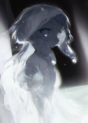  1girl arms_at_sides backlighting bare_shoulders black_background chromatic_aberration closed_mouth collarbone colored_skin commentary diagonal_bangs dress drill_hair drill_sidelocks expressionless flat_chest frilled_sleeves frills from_side hat highres juliet_sleeves long_hair long_sleeves looking_at_viewer off-shoulder_dress off_shoulder original petite puffy_sleeves raised_eyebrows see-through_clothes see-through_headwear see-through_sleeves short_bangs sidelocks sippudayo solo underlighting untranslatable_commentary upper_body white_dress white_hair white_hat white_skin 