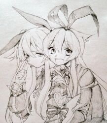  2girls alice_(grimms_notes) alice_(original)_(grimms_notes) breasts chaos_alice_(grimms_notes) chaos_alice_(original)_(grimms_notes) commentary_request fingernails furrowed_brow grimms_notes hair_between_eyes half-closed_eyes hands_up long_hair long_sidelocks long_sleeves looking_at_viewer monochrome multiple_girls open_mouth puffy_long_sleeves puffy_sleeves shino_(5no) sidelocks simple_background smile spiky_hair teeth tongue tongue_out traditional_media twintails upper_body upper_teeth_only vertical-striped_sleeves very_long_hair 
