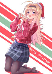 1girl absurdres antenna_hair black_pantyhose blonde_hair casual chaos;head christmas commentary_request gher5 hat heart heart_hands highres kneeling long_hair looking_at_viewer merry_christmas miniskirt nishijou_nanami no_shoes open_mouth pantyhose plaid_clothes plaid_skirt red_sweater santa_hat science_adventure skirt smile solo sweater violet_eyes 