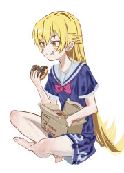 1girl absurdres bare_shoulders blonde_hair cokei commentary_request doughnut english_text food food_on_face highres holding holding_donut holding_food long_hair monogatari_(series) oshino_shinobu short_sleeves solo tongue tongue_out vampire yellow_eyes 
