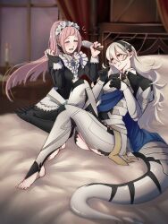  2girls apron black_hairband blue_eyes blush bridal_gauntlets candle cape dragon_tail dress feet felicia_(fire_emblem) female_corrin_(fire_emblem) fire_emblem fire_emblem_fates gloves grey_hair hair_brush hair_ornament hairband hashtag-only_commentary highres indoors juliet_sleeves krsm_irst long_hair long_sleeves maid maid_apron maid_headdress multiple_girls no_shoes nohrian_maid_uniform open_mouth pink_hair pointy_ears puffy_sleeves red_eyes smile stirrup_legwear tail toeless_legwear toes 