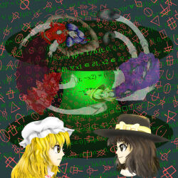  4girls animal_print bad_id bad_pixiv_id black_eyes black_hair black_hat black_shoes blonde_hair blue_hair bow commentary_request distortion dress equation frog_print hair_ribbon hat hat_bow jindai_moji kams looking_at_another maple_leaf_hair_ornament maribel_hearn mirror mob_cap moriya_suwako multiple_girls purple_dress pyonta red_eyes red_ribbon red_shirt ribbon rope sandals shimenawa shirt shoes short_hair straw_hat thigh-highs touhou usami_renko white_hat white_shirt white_thighhighs wide_sleeves yasaka_kanako yellow_eyes zouri 