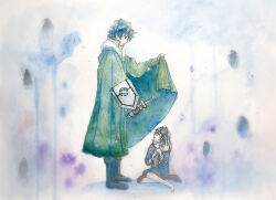  1boy 1girl abstract_background absurdres animal_ears arm_shield bare_legs barefoot black_hair blue_background boots brown_boots brown_dress brown_hair child cloak cloak_lift closed_mouth collared_shirt commentary_request dagger dress elbow_gloves fingerless_gloves full_body fur-trimmed_gloves fur-trimmed_hood fur_trim gloves green_cloak high_collar highres holding holding_dagger holding_knife holding_shield holding_weapon hood hood_down hooded_cloak iwatani_naofumi knee_boots knife legendary_shield_(small_shield)_(tate_no_yuusha_no_nariagari) legendary_shield_(tate_no_yuusha_no_nariagari) lifting_own_clothes long_hair long_sleeves looking_at_another looking_at_object looking_down looking_up messy_hair metal_wrist_cuffs off-shoulder_dress off_shoulder open_mouth parted_lips purple_background raccoon_ears raccoon_girl raccoon_tail raphtalia sheath sheathed shield shirt short_hair shuzuku single_bare_shoulder standing tail tate_no_yuusha_no_nariagari weapon white_background 