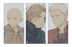  0109_(artist) 3boys a_knight_of_the_seven_kingdoms a_song_of_ice_and_fire aegon_v_targaryen aerion_targaryen armor bald black_coat border brothers brown_cloak brown_hair brown_shirt chainmail cloak closed_mouth coat commentary_request daeron_targaryen grey_background highres medium_hair multiple_boys parted_bangs red_shirt shirt short_hair siblings upper_body violet_eyes white_border white_hair 