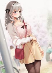  1girl arm_at_side bag black_bow blurry blurry_background blush bow brown_pantyhose brown_skirt cardigan closed_mouth collarbone commentary_request day depth_of_field frilled_shirt frills grey_eyes grey_hair hair_bow hand_on_own_stomach handbag highres large_variant_set long_sleeves looking_down minato_ojitan open_cardigan open_clothes original outdoors pantyhose pink_cardigan pink_shirt raised_inner_eyebrows shirt shirt_bow skirt sleeveless sleeveless_shirt solo variant_set wavy_hair 