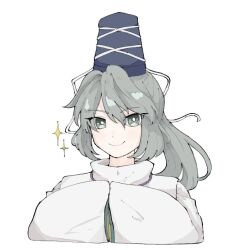  1girl blue_hat closed_mouth commentary_request grey_eyes grey_hair hat japanese_clothes kariginu long_hair long_sleeves looking_at_viewer mononobe_no_futo ponytail simple_background smile solo tate_eboshi tktkhappymchyru touhou white_background wide_sleeves 