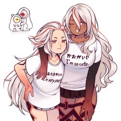  2girls ai_the_somnium_files ai_the_somnium_files:_nirvana_initiative aiba_(ai_the_somnium_files) breasts clothes_writing collarbone dark-skinned_female dark_skin dehubbleton flat_chest hair_between_eyes hair_slicked_back large_breasts long_hair multiple_girls open_mouth see-through_body shirt short_sleeves simple_background smile tama_(ai_the_somnium_files) very_long_hair white_background white_hair white_shirt 