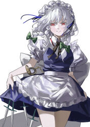  1girl absurdres apron black_ribbon blue_dress blue_ribbon bow braid bruce_1354 closed_mouth clothes_lift commentary_request cowboy_shot dress frilled_apron frills green_bow grey_hair hair_bow highres izayoi_sakuya knife light_smile maid_apron maid_headdress neck_ribbon puffy_short_sleeves puffy_sleeves red_eyes ribbon shirt short_hair short_sleeves simple_background skirt skirt_lift solo standing strapless strapless_dress touhou twin_braids waist_apron white_apron white_background white_headdress white_shirt 