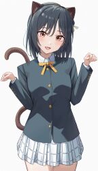  1girl absurdres animal_ears black_hair cat_ears grey_jacket highres jacket mifune_shioriko ribbon_(kirby) riokasen school_uniform skirt smile 