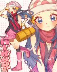  1girl absurdres bag beanie black_shirt black_socks blue_eyes blue_hair blush boots closed_mouth commentary_request duffel_bag godouyu_(neisukun) hair_ornament hairclip hat highres hikari_(pokemon) kneehighs long_hair looking_at_viewer open_mouth pink_boots pink_skirt poke_ball_print poke_ball_symbol pokemon pokemon_dppt poketch red_scarf scarf shirt skirt sleeveless sleeveless_shirt smile socks teeth upper_teeth_only watch watch white_hat 