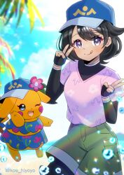  1girl :3 beach black_bodysuit black_hair blue_eyes blue_hat blue_sky blue_tank_top blush bodysuit bodysuit_under_clothes closed_eyes clothed_pokemon commentary_request double_v female_protagonist_(pokemon_ww) fingerless_gloves floral_print floral_print_shirt flower gloves green_shorts grey_eyes hat hat_flower kou_hiyoyo layered_sleeves long_sleeves looking_at_viewer ms._wavychu ocean one_eye_closed open_mouth outdoors palm_tree pikachu pink_shirt pokemon pokemon_(creature) pokemon_ww shirt short_hair short_over_long_sleeves short_sleeves shorts skirt sky smile tail tank_top tongue tongue_out tree v water 