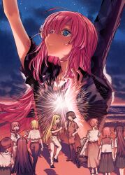  6+girls absurdres alcohol_carton black_hair black_pants black_shirt black_skirt blue_eyes blue_sky bocchi_the_rock! character_request check_character closed_mouth commentary_request drink_carton gotoh_futari gotoh_hitori gotoh_michiyo grey_sailor_collar highres hiroi_kikuri holding holding_drink_carton ijichi_nijika instrument_case instrument_case_on_back long_hair medium_skirt multiple_girls night outdoors pants pink_hair pleated_skirt sailor_collar school_uniform serafuku sharp_teeth shirt short_sleeves skirt sky smile star_(sky) starry_sky stroller t-shirt teeth twintails white_pants white_shirt xiaoju_xiaojie yamada_ryo 