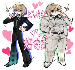  2boys :t adjusting_eyewear belt belt_buckle ben-day_dots black_belt black_jacket black_necktie black_pants black_suit blonde_hair blue_eyes blush brown_shoes buckle collared_shirt commentary_request cross_tie danganronpa:_trigger_happy_havoc danganronpa_(series) danganronpa_2:_goodbye_despair dress_pants dress_shoes drop_shadow expressionless fat full_body glasses grey_vest hair_between_eyes hand_on_own_hip hand_up hatching_(texture) heart highres jacket kamo_(kamooo44) korean_commentary lapel_pin legs_apart linear_hatching long_sleeves looking_down male_focus multiple_boys necktie open_clothes open_jacket pale_skin pants rectangular_eyewear screentones shirt shirt_tucked_in shoes short_hair sideways_glance simple_background sparkle standing suit suit_jacket togami_byakuya togami_byakuya_(danganronpa_2) translation_request vest waistcoat white-framed_eyewear white_background white_jacket white_pants white_shirt white_shoes 