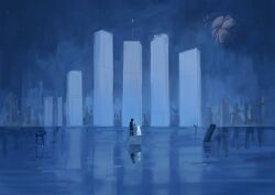  2girls ariane_yeong blue_sky boat building commentary elster_(signalis) english_commentary highres horizon moon multiple_girls on_boat outdoors scenery science_fiction signalis sky standing veletris very_wide_shot water watercraft 